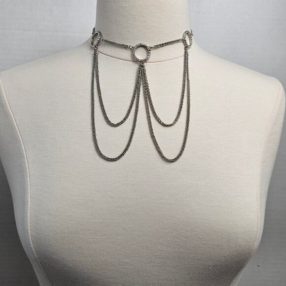Choker Necklace Multi Chain Draped Silvertone Clear Rhinestones Whimsygoth - Picture 2 of 7